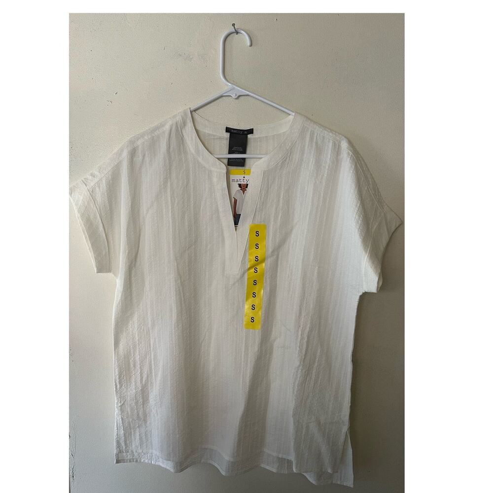 Matty M White Textured Cotton Blouse  Short Sleeve V-Neck Lightweight  Sz S NWT